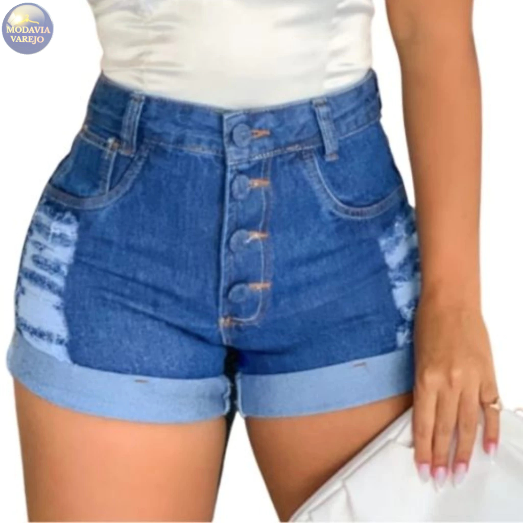 🛍️ Short Jeans Feminino Cintura Alta Destroyed com Botões – Modelador Premium