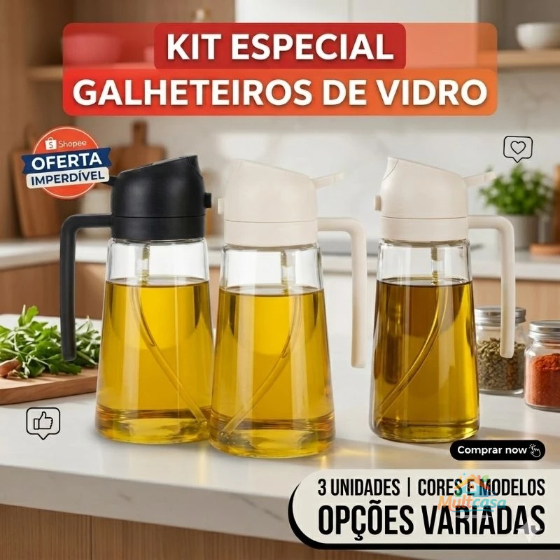 Kit 3 Galheteiros de Vidro Dosador Azeite e Vinagre Premium