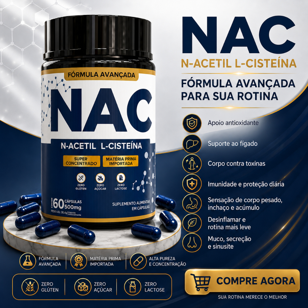 NAC N-Acetil L-Cisteína 500mg | Antioxidante, Detox, Imunidade e Saúde do Fígado – 60 Cápsulas