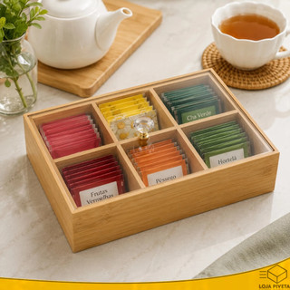 Caixa de Chá Organizador 30x20cm 6 Divisórias MDF Com Tampa Para Cápsulas de Café Joias Saches