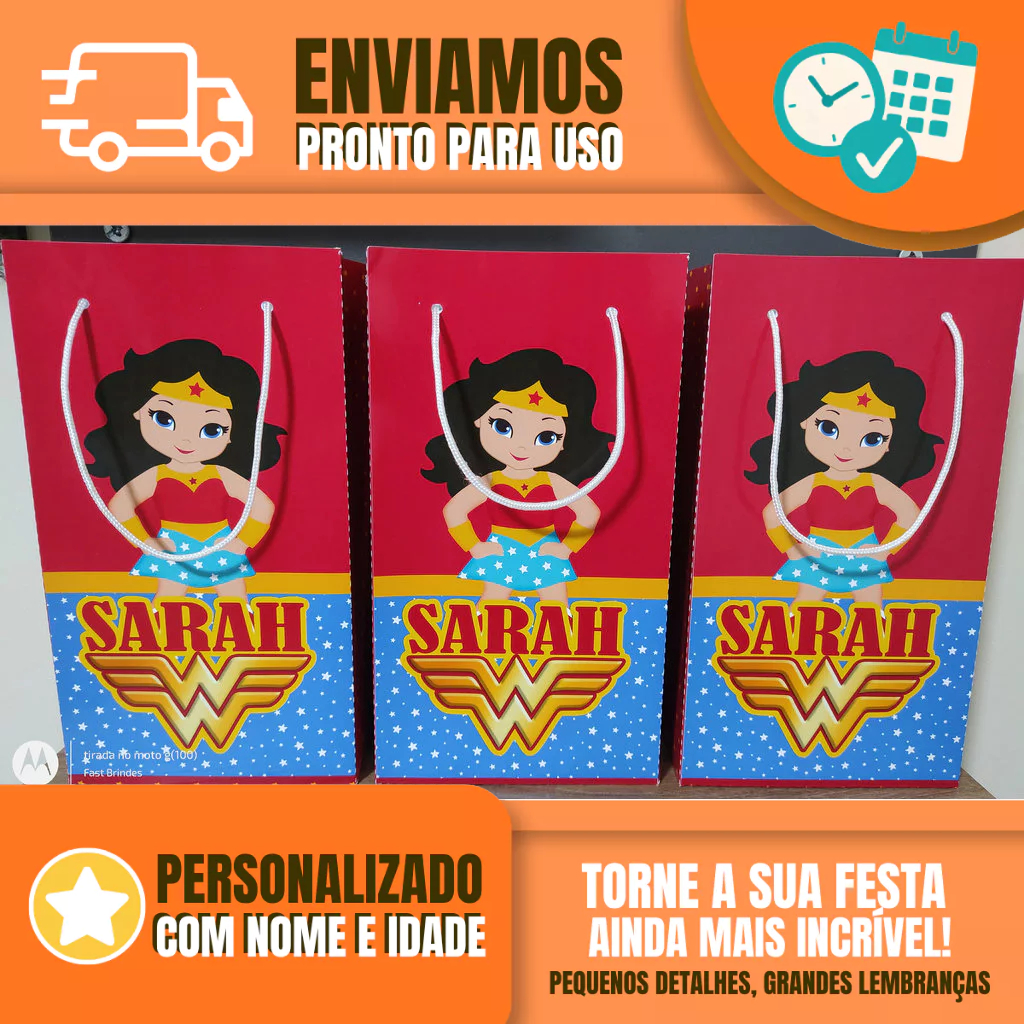 Sacolinha Personalizada para Festa Infantil - Lembrancinha -  Sacolinha Surpresa - Mulher Maravilha