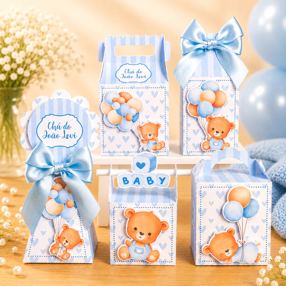 Kit FestaChá de Bebê Ursinho Azul Vintage  Personalizado Pegue e Monte Lembrancinhas Festa Infantil