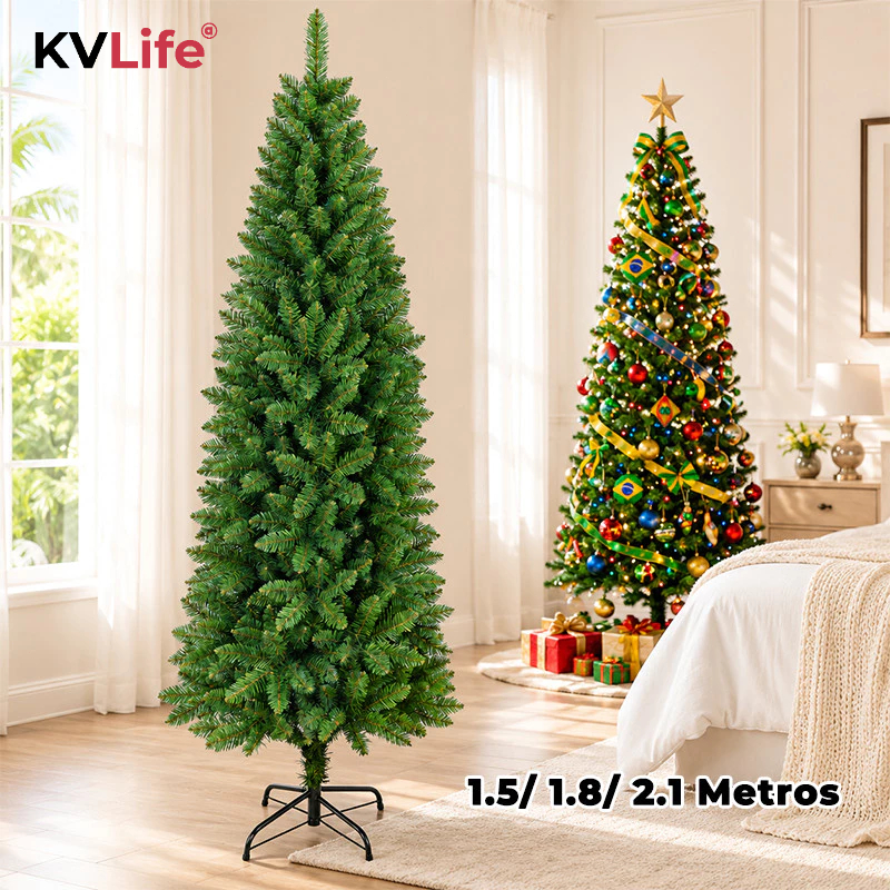 Árvore Natal Slim 1,5m 1,8m 2,1m 300 600 800 Galhos Pinheiro Artificial Verde Estreita Base de Metal Decoração Natalina