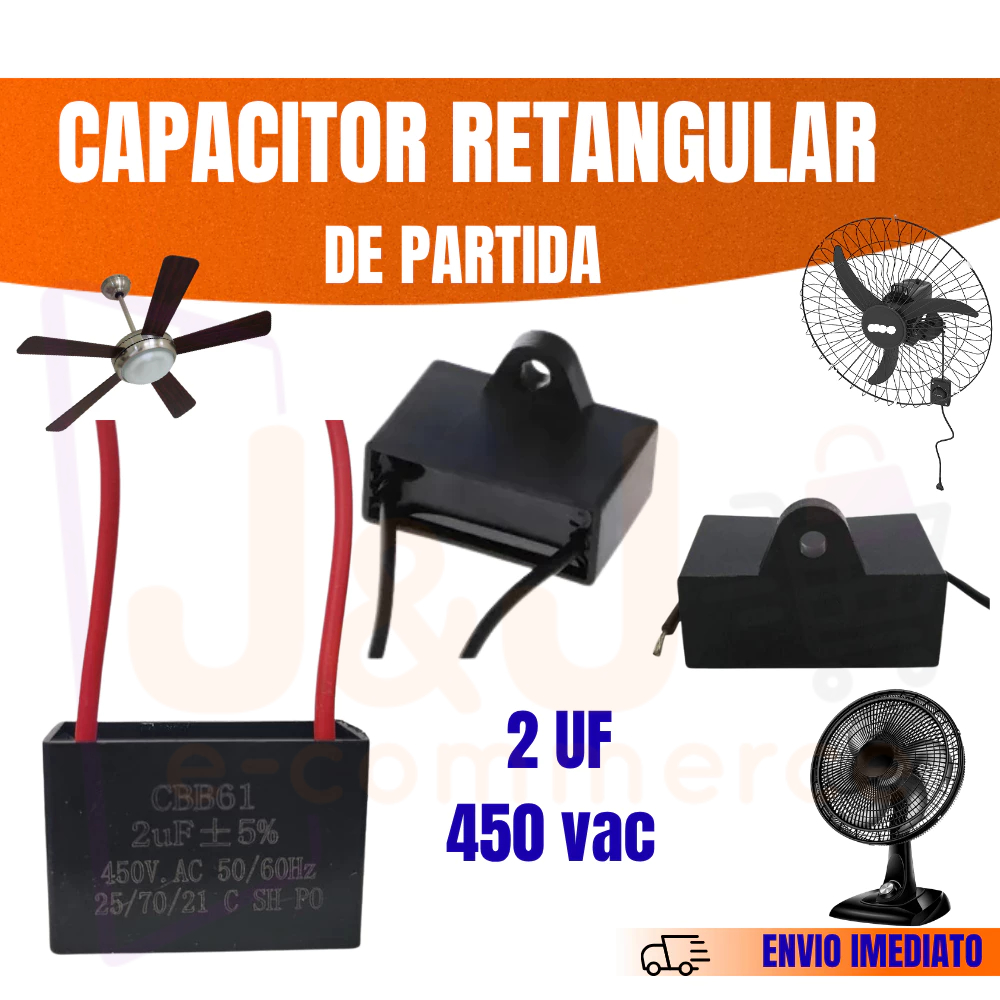 Capacitor Ventilador Retangular 2uF 450VAC CBB61 2 Fios utilizado para Teto Mesa e Parede Kits 1 a 5