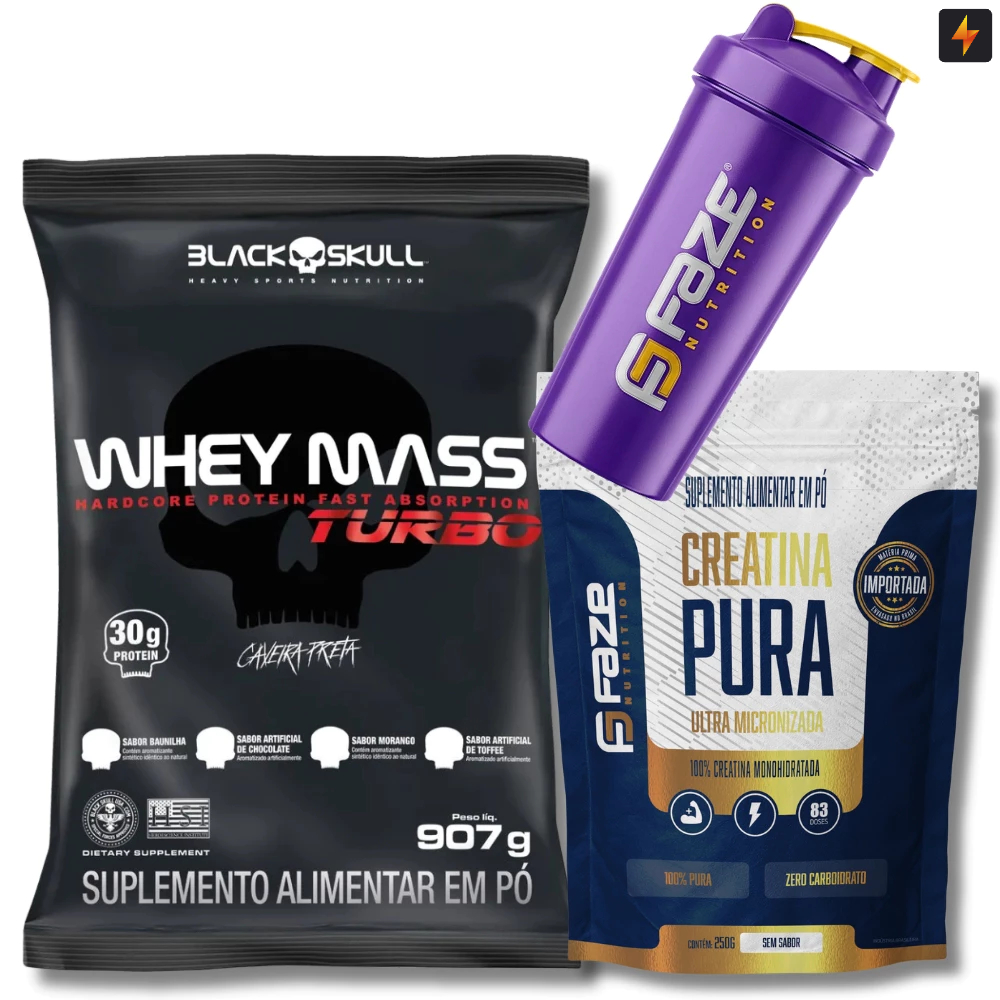 Kit Whey Black Skull Turbo 907g Refil + Creatina Pura 250g Faze Nutrition + Coqu