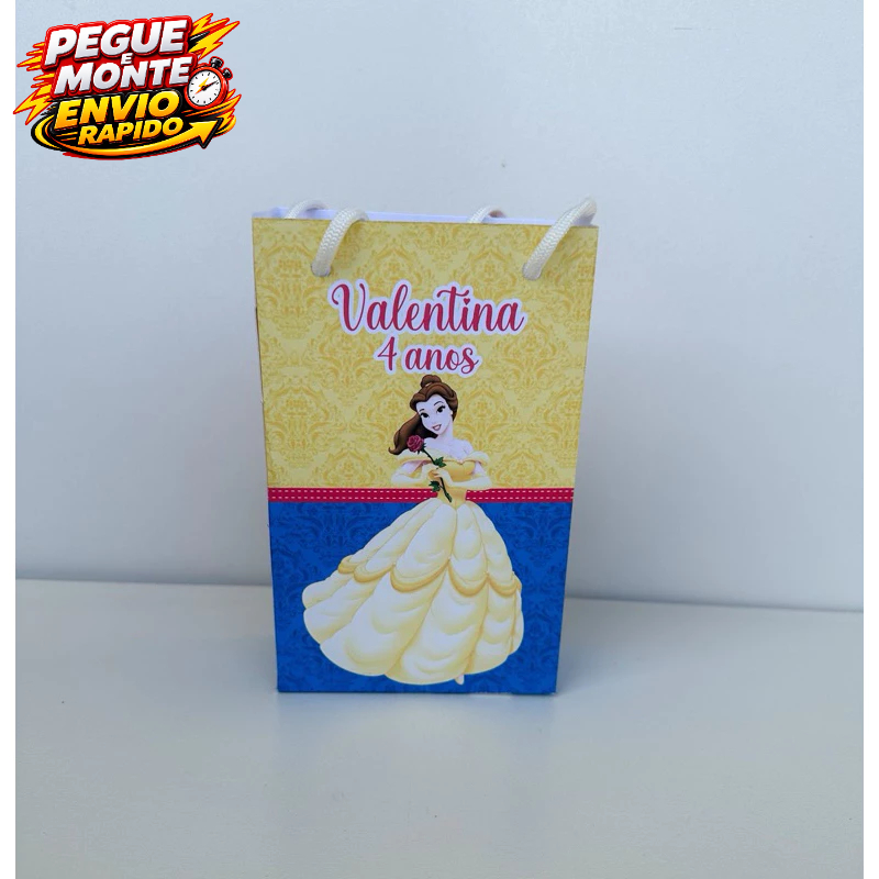 Sacolinha Personalizada Princesa Bela e Pegue e Monte Lembrancinha (Personalizado com nome e idade)