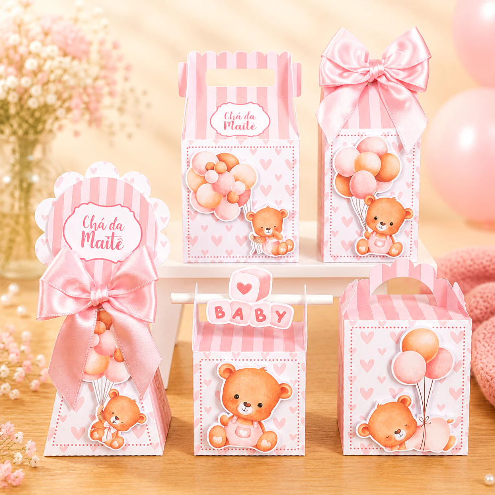 Kit Festa Chá de Bebê Ursinha Vintage  Personalizado Pegue e Monte Lembrancinhas Festa Infantil