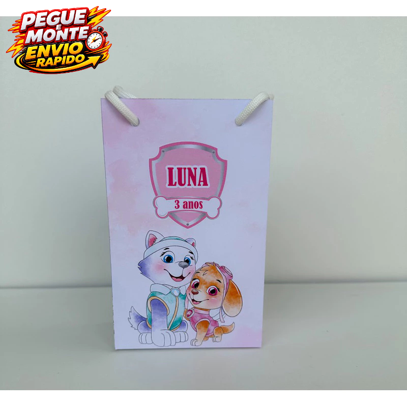 Sacolinha Personalizada Skye e Everest Patrulha Canina Aquarela Lembrancinha Kit Festa Pegue e Monte Com alça