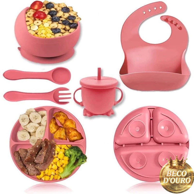 Kit Alimentação Bebê Silicone 5 Peças Infantil Com Ventosa Talheres Prato Pote Colher Babador Garfo