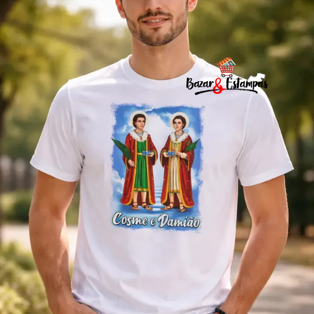 1 Camiseta São Cosme e Damião Imagem Tradicional Azul Camisa Cosme e Damião