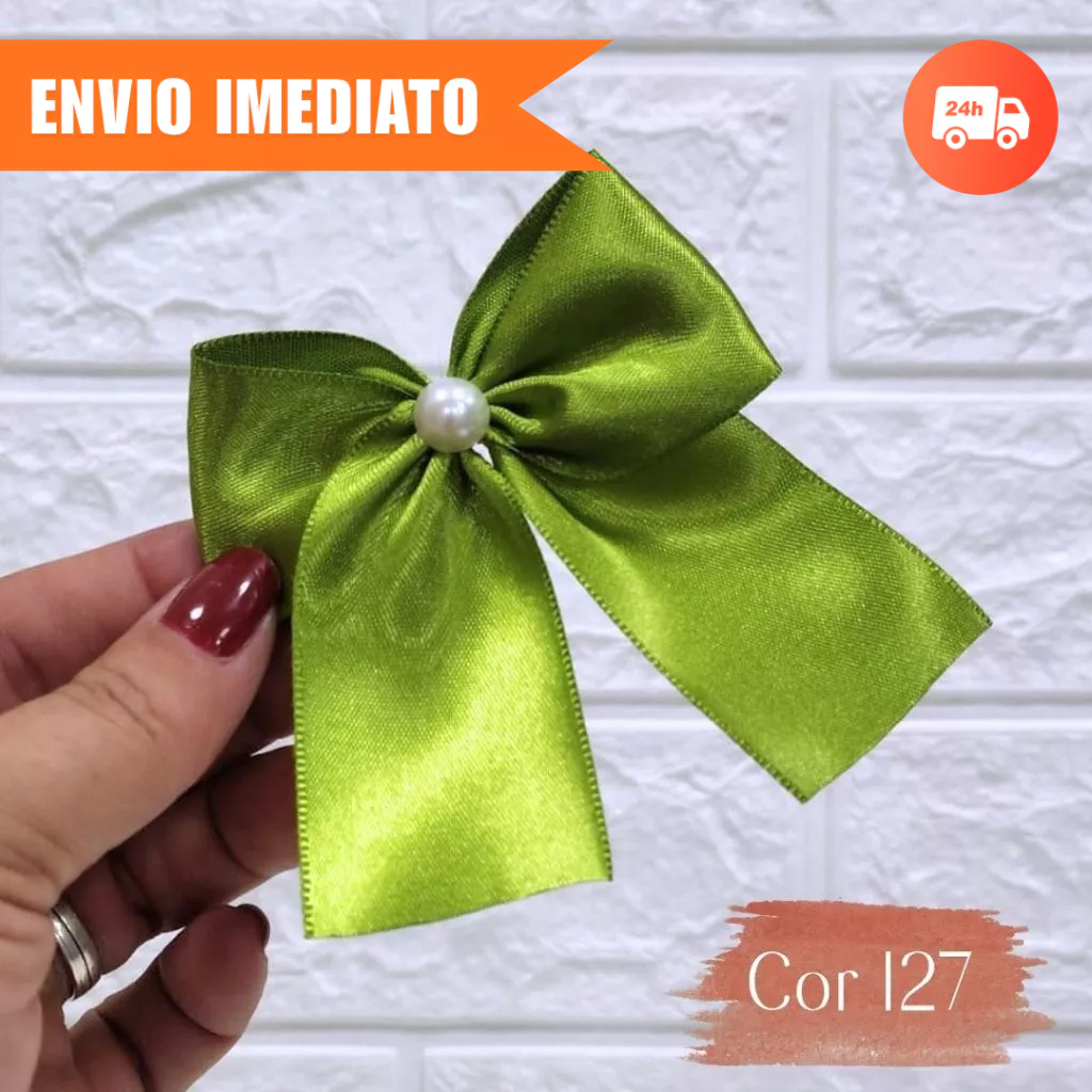 Laço de Cetim VERDE MUSGO OLIVA Gitex 38mm com Pérola para Decoração Pronto para Uso- Envio Imediato