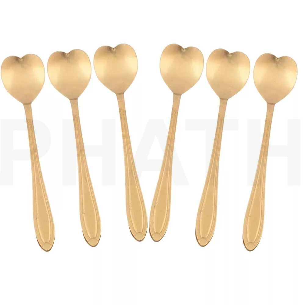 Kit Jogo 6 Colheres Café Chá Coração Sobremesa Inox Dourada