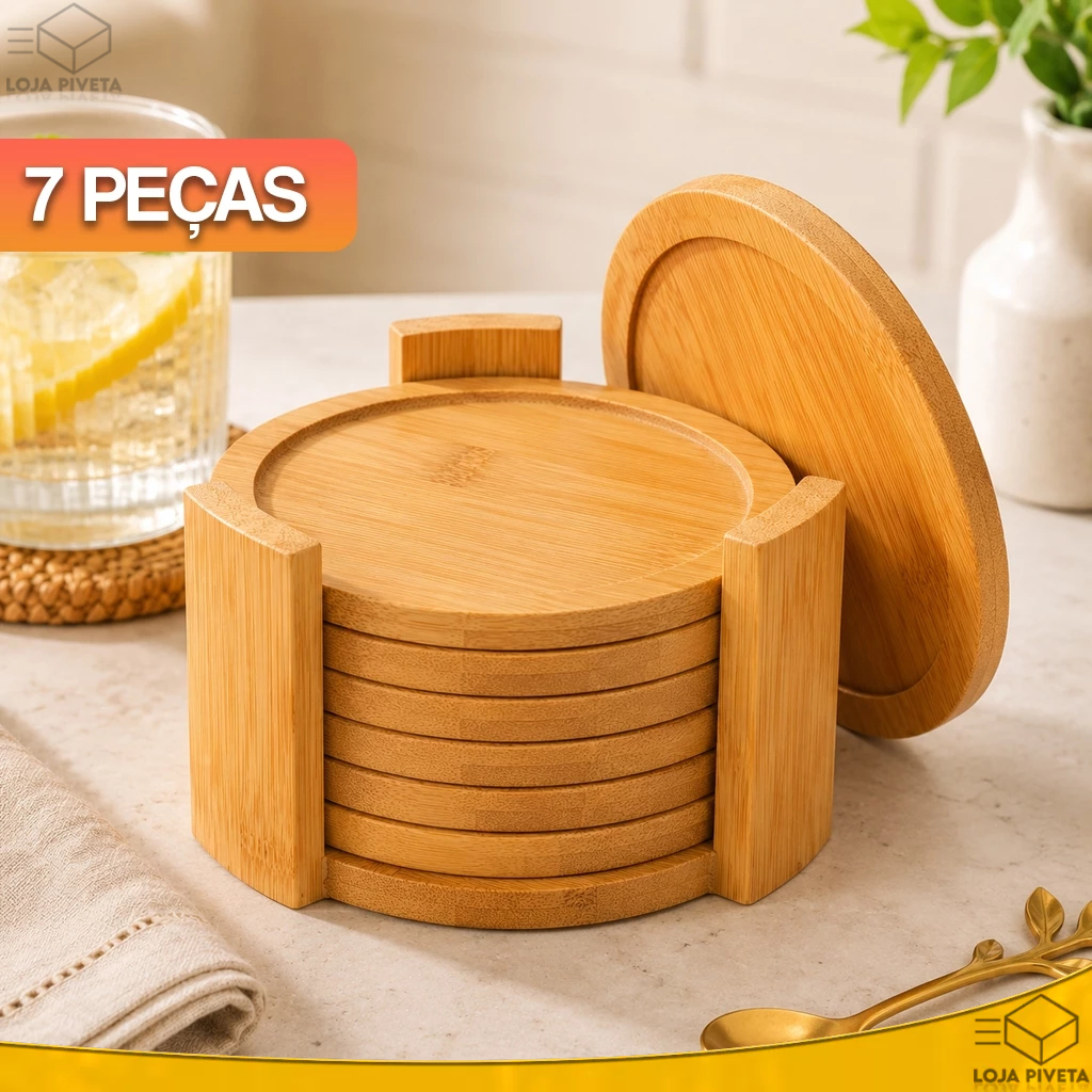 Porta Copos De Bambu Natural Redondo Com Suporte 7 Peças Conjunto Bolacha de Madeira Para Copo Mesa