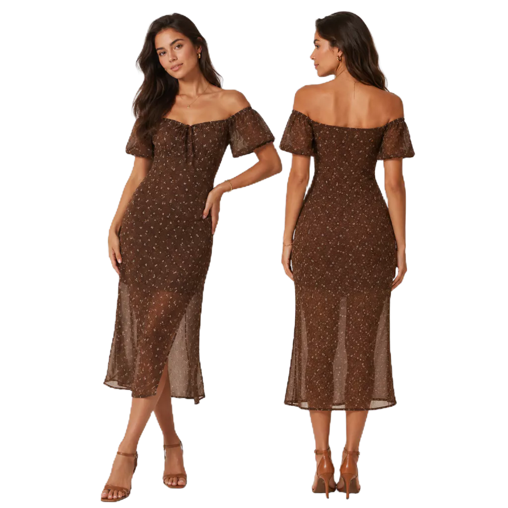 Vestido Feminino Midi Manga Curta Tule Estampado Floral Fenda Lateral Decote Ciganinha Plus Size
