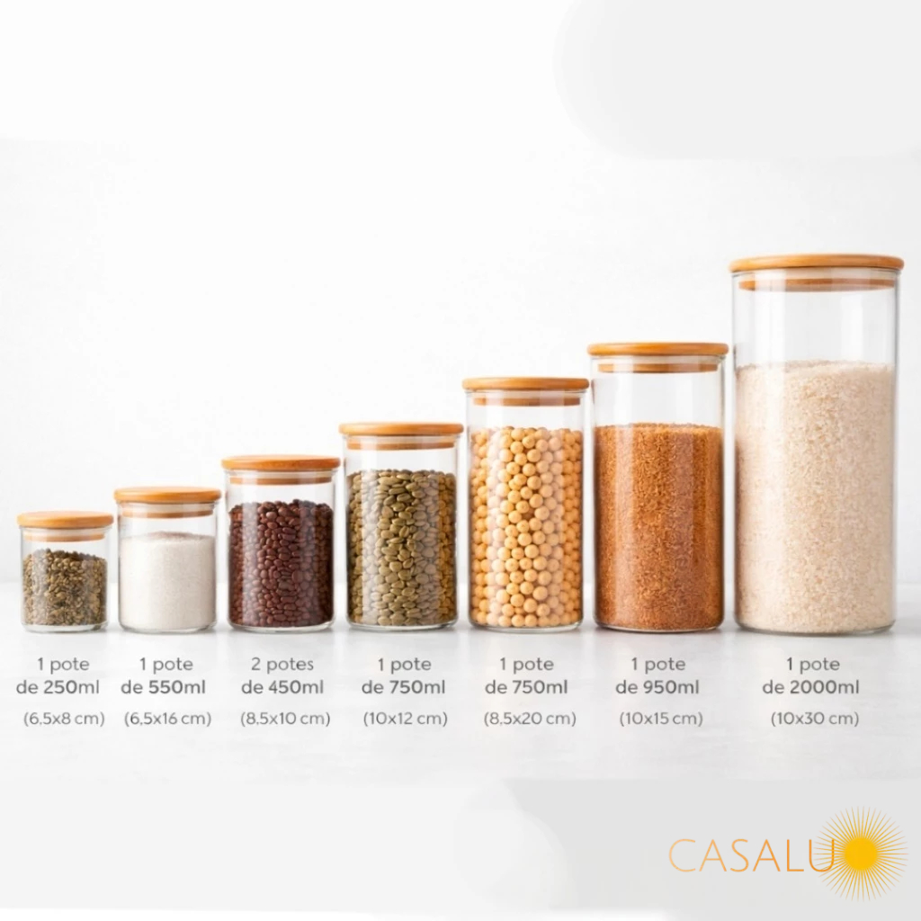 Kit 8 Potes De Vidro Tampa De Bambu Vários Tamanhos 2000ml Transparente