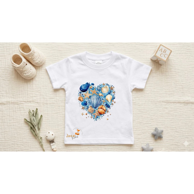 Camiseta Infantil Coração De Conchas Fundo Do Mar Praia Roupa De Criança Menina Algodão Blusa