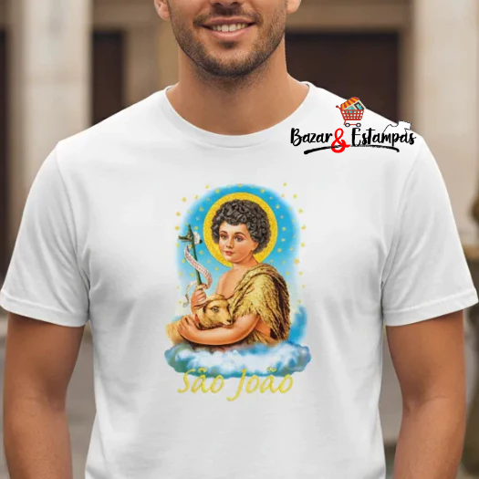 1 Camiseta São João Batista Menino Nuvens Santo Religião Camisa São João Batista Unissex