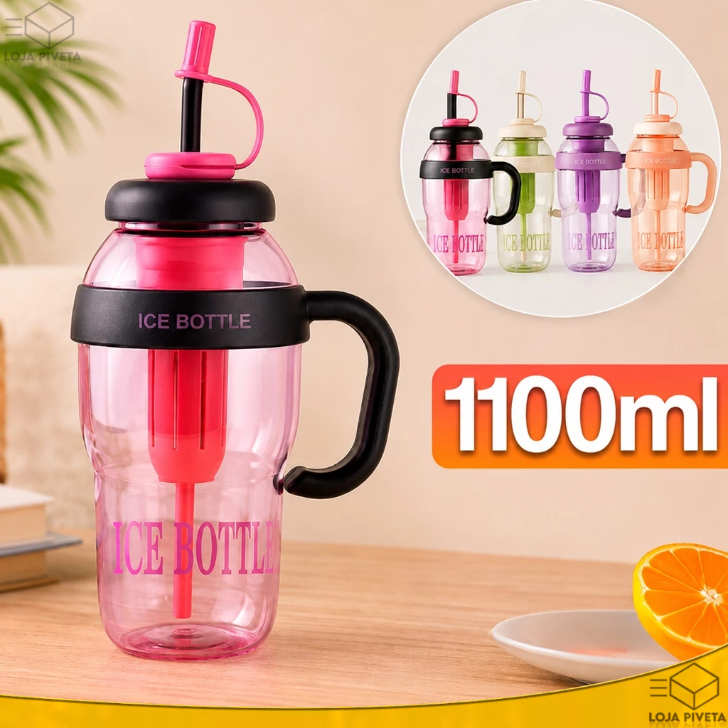 Garrafa Ice Cream Copo Com Canudo e Infusor 1100ML Grande Com Tampa e Filtro Ice Bottle Água Bebidas