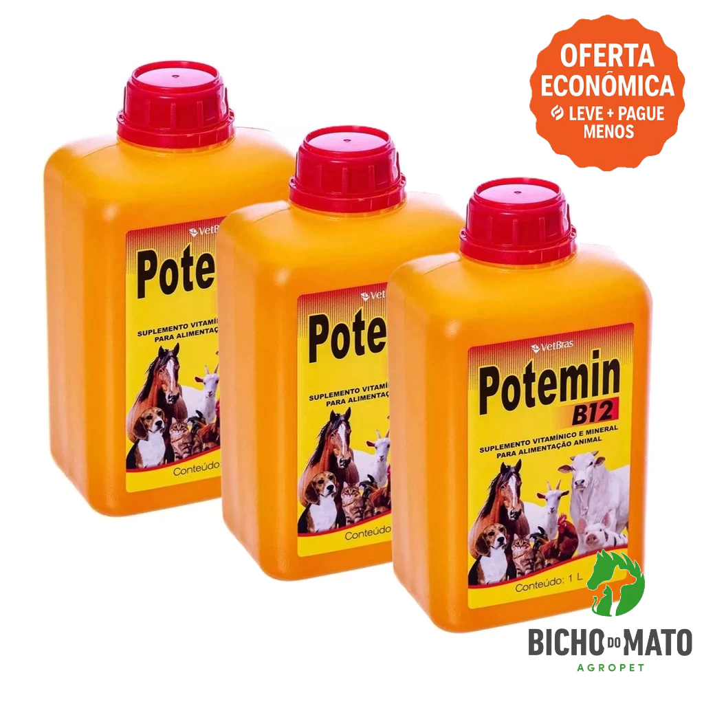 Kit 3 Potemin B12 1L Suplemento Vitaminico e Mineral Fortalece Postura e Imunidade - VetBras