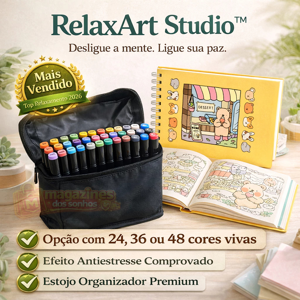 Livro Colorir Antiestresse RelaxArt Studio 24/36/48 Hidrográficas + Estojo Premium Adulto Infantil