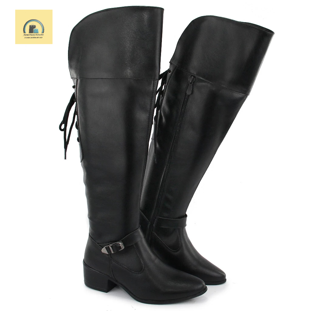 Bota Feminina Over The Knee Cano Longo Plus Amarrar Ajustável Na Panturrilha Confortável Envio Rapid