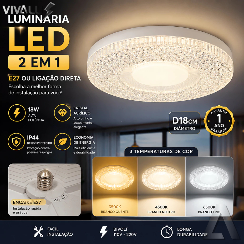 Luminária Plafon De Teto 18W 18CM Led 3500K 4500K 6500K 3 Em 1 Painel LED Bivolt Bocal E27 UFO