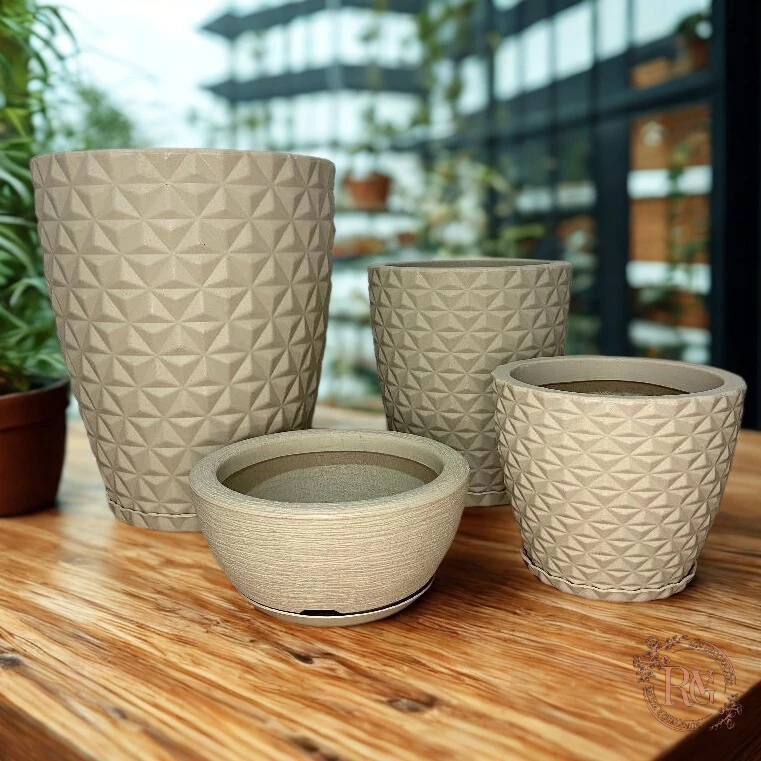Kit 4 Vasos Decorativos Para Plantas Flores, Polietileno Redondo Diamante N1 N2 N3 + Bacia N1