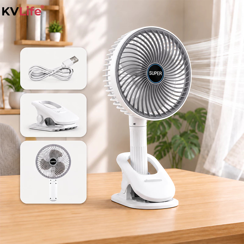 Ventilador de Mesa Portátil Multifunção USB Recarregável Silencioso com Clipe 3 Pás 3 Velocidades 4 Modos