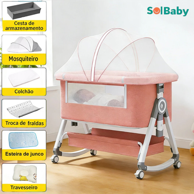 Berço Moises Portátil 3 em 1 Co-sleeping Balanço Mosquiteiro Altura Ajustável Com Rodas