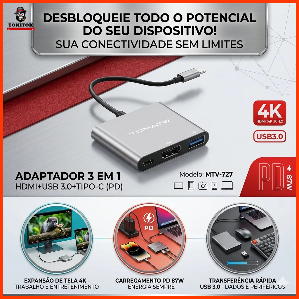 Adaptador USB-C 3 Em 1 HDMI 4K USB 3.0 PD 87W Para Notebook Celular TV MTV-727