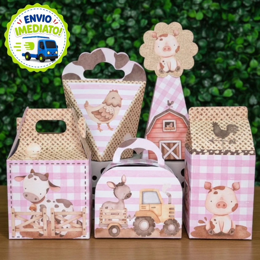 Kit 20/40/60 Caixinhas Fazendinha Rosa - Lembrancinha Aniversário Infantil (Pegue e Monte)