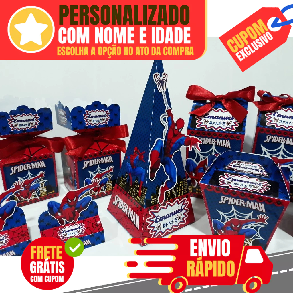 Kit de Lembrancinhas Personalizadas com 100 Itens TEMA: Homem Aranha - Envio Rápido