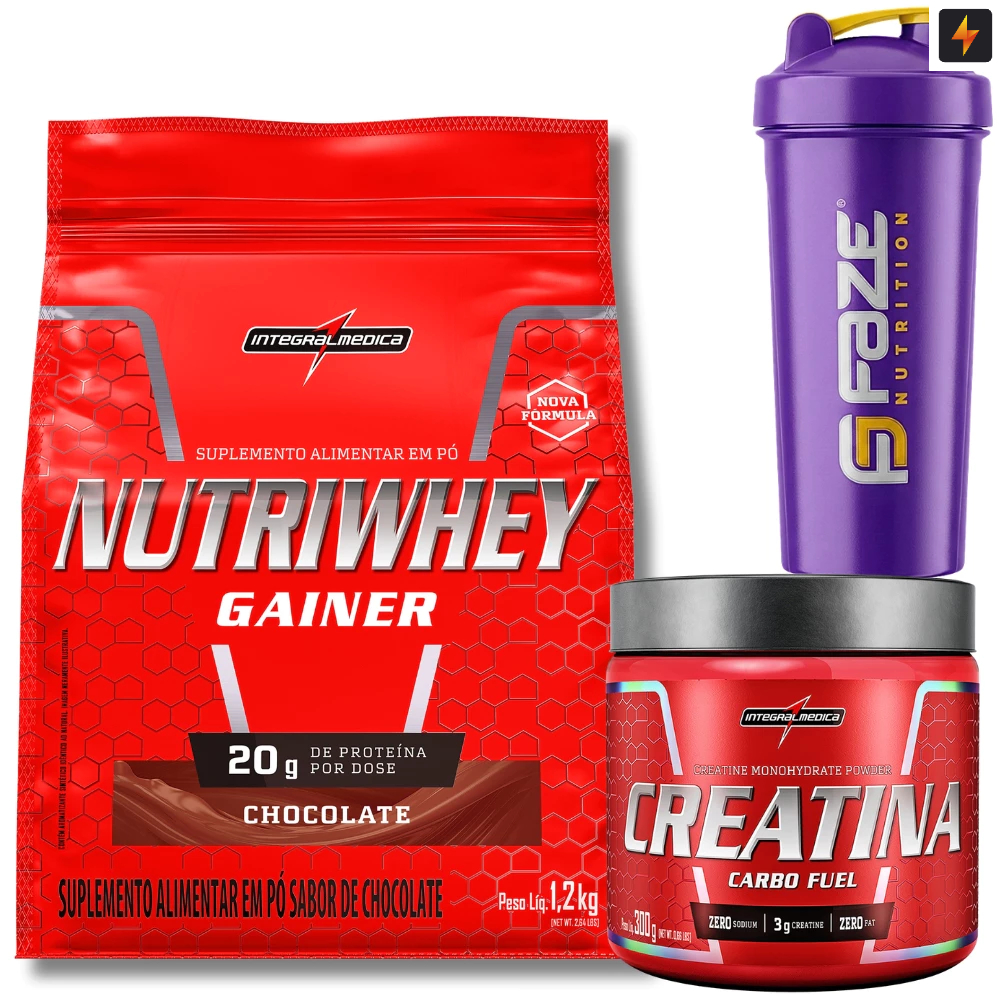 Kit Nutri Whey Gainer Protein Refil 1,2kg + Creatina CarboFuel 300g Integralmedica + Coqueteleira Faze Nutrition