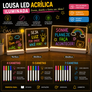 Quadro De Mensagens Lousa De Escrever E Desenhar Placa Acrílico Iluminada Abajur De Mesa Luz Noturno