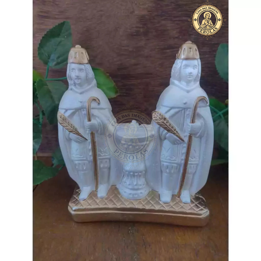 Imagem são Cosme e são Damião 16 cm gesso pintura pérola e dourado decoração religiosa presente de fé arte sacra gemeos