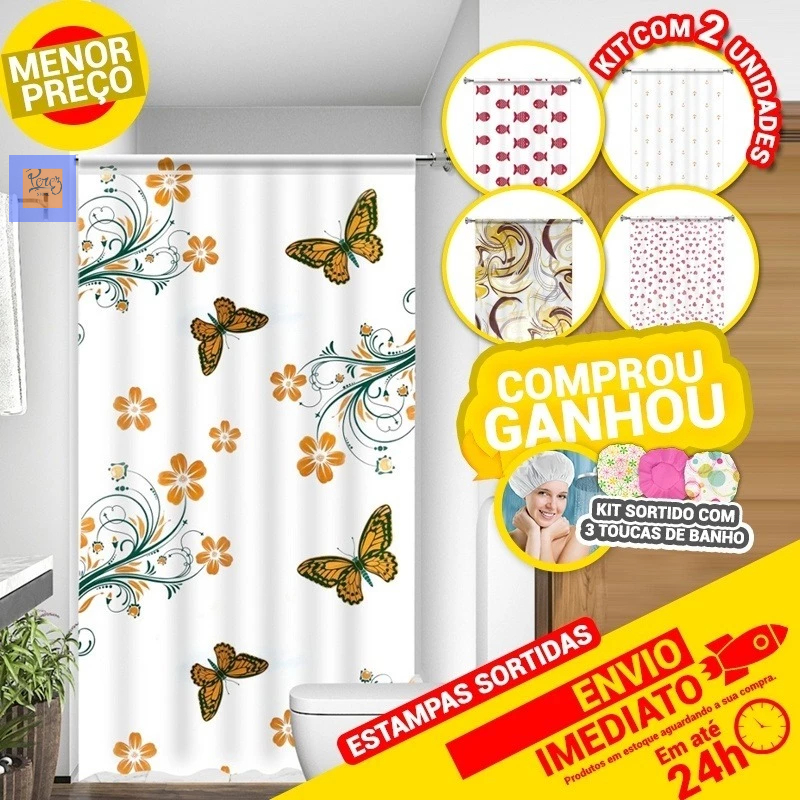 Kit 2 Cortinas Box Banheiro Lavabo Diversas Estampas Sortidas +Kit Touca de Banho 3 peças Sortido