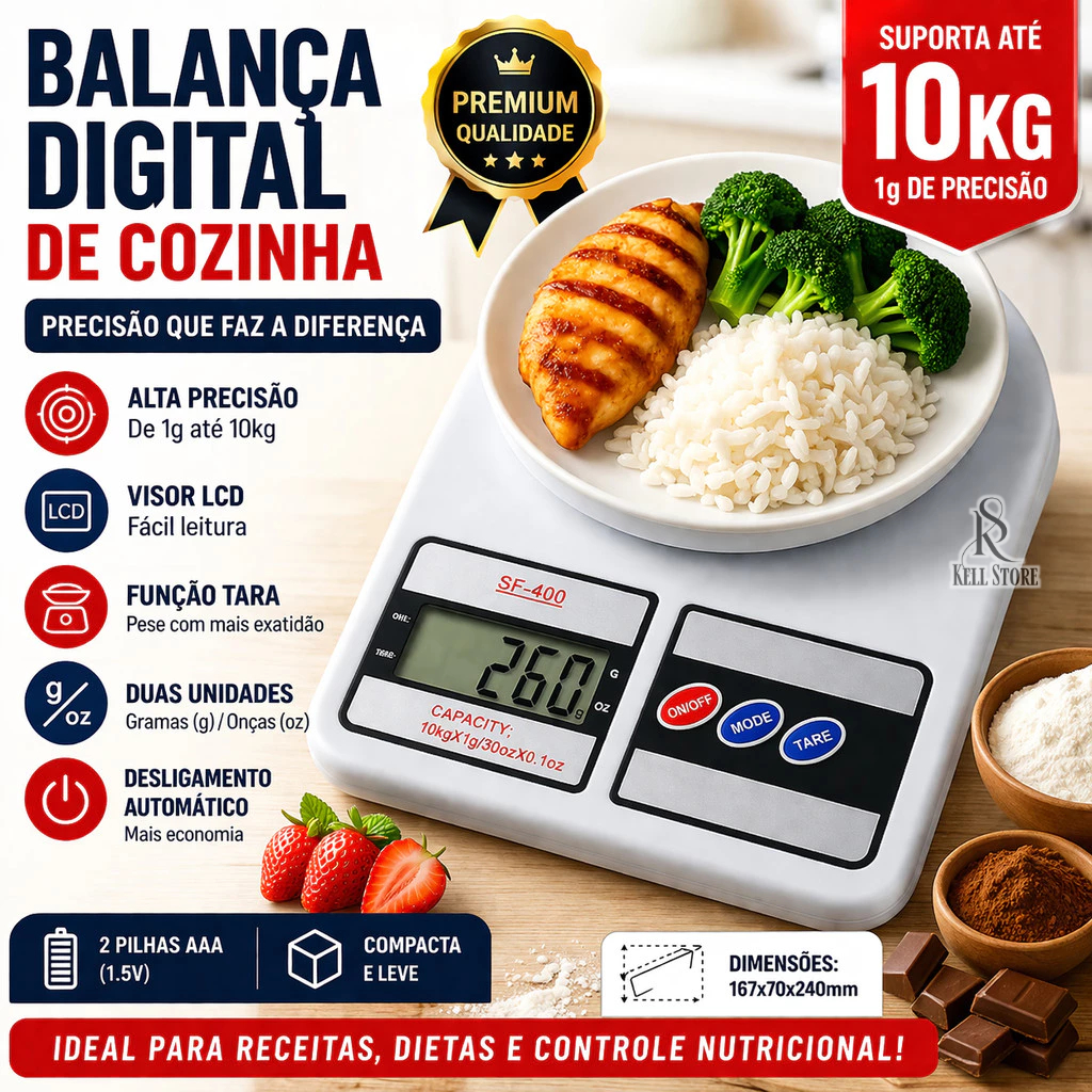 Balança Digital De Cozinha SF-400 Alta Precisão 10kg Dieta Academia Confeitaria Com Visor LCD E Função Tara