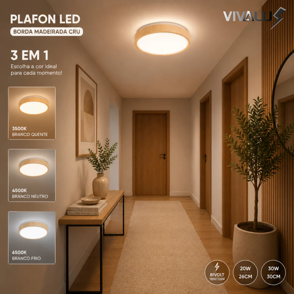 Luminária Plafon Amadeirado Wood Madeira LED 3 Em 1 Painel De LED Teto Bivolt Para Sala Quarto Hall