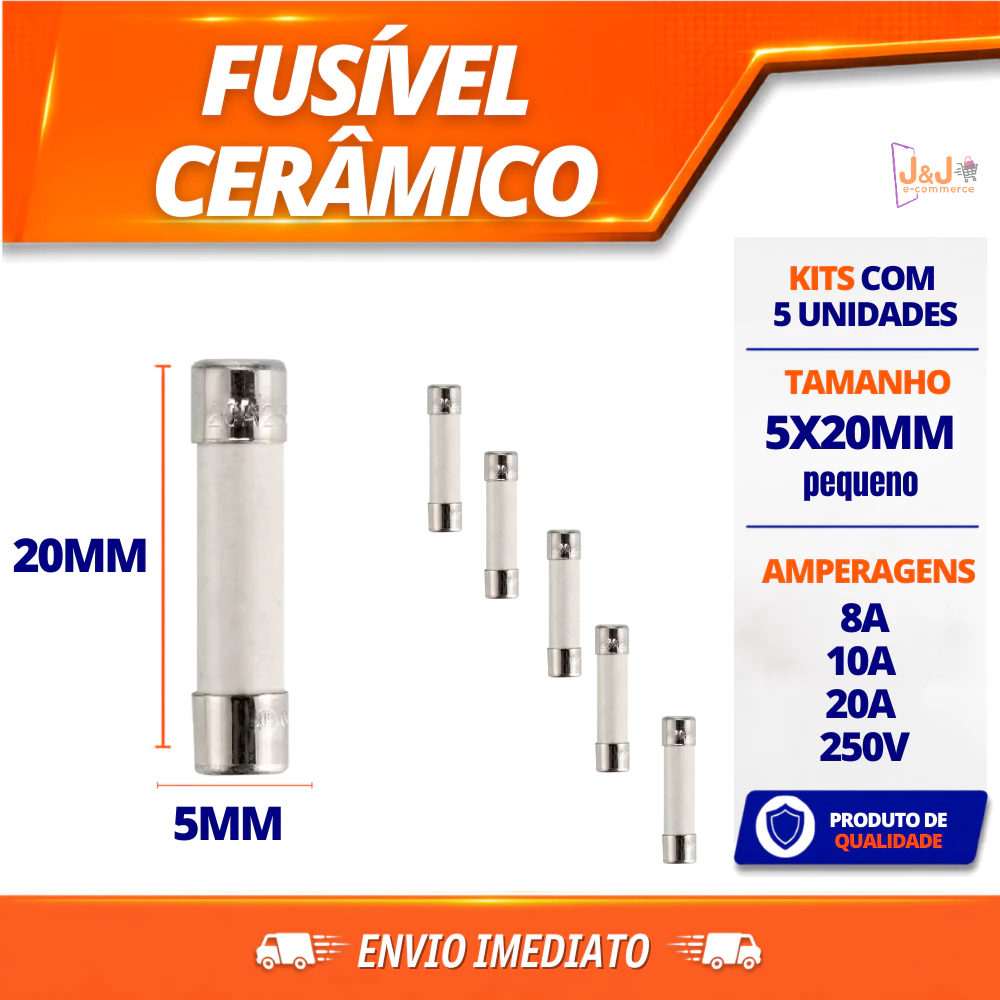 Fusível Cerâmico 5x20mm 8A 10A 20A pequeno Pacote com 5 Unidades Proteção Aparelhos Eletrodomésticos