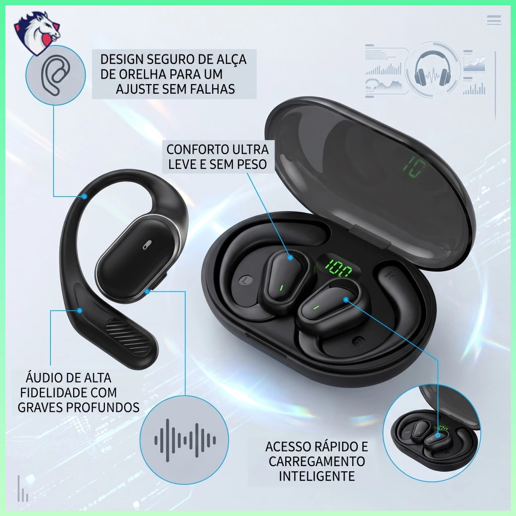Fone de Ouvido Sem Fio Bluetooth com Condução Óssea/Compacto e Leve/Resistente a Água/Tipo-C