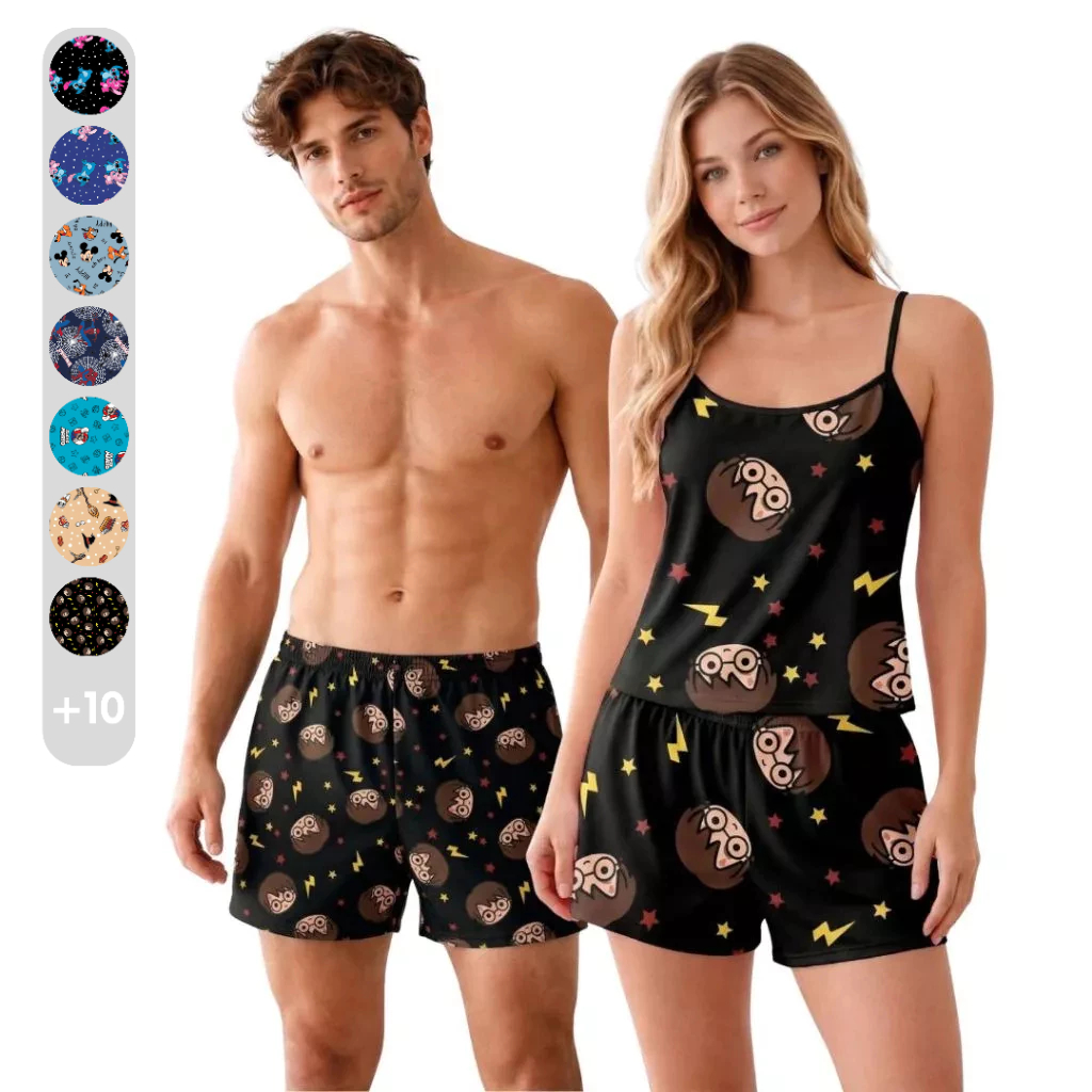 Kit Pijama Casal Feminino Samba Canção Namorados Estampa