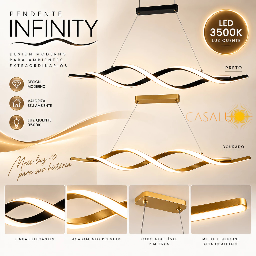 Lustre Pendente Infinity Infinito LED 3500K Preto Dourado Minimalista Para Mesa De Jantar Sala