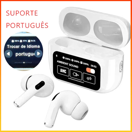 Fone de Ouvido Bluetooth Sem Fio com Tela LCD Touch ANC Cancelamento de Ruído Deep Bass Bluetooth 5.3 TWS