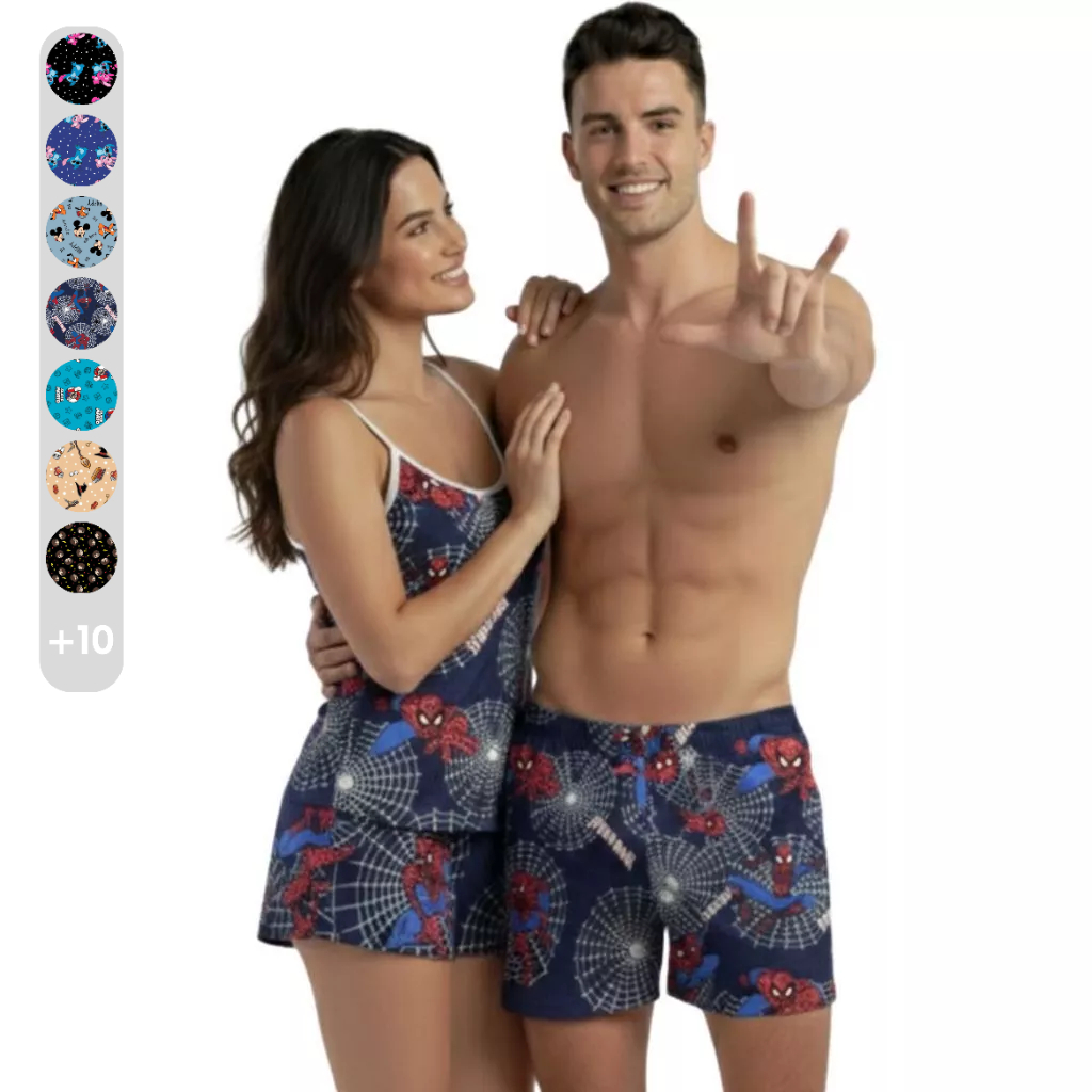 Kit Pijama Casal Feminino Samba Canção Namorados Estampa