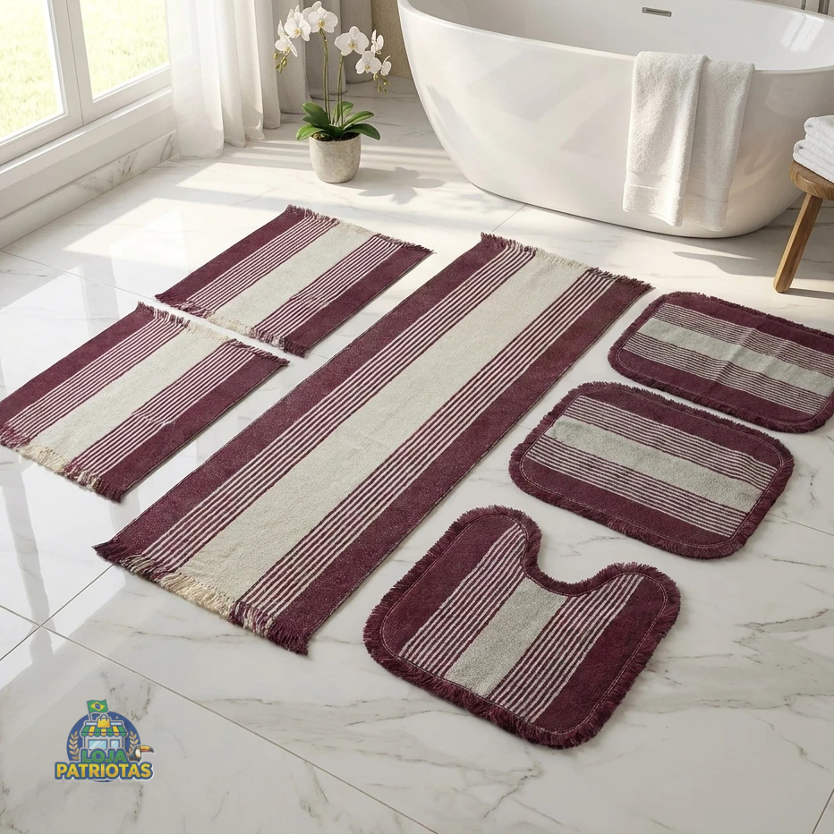 Kit Jogo de Banheiro e Tapete de Cozinha 6 Peças 100% Algodão Antiderrapante Absorvente