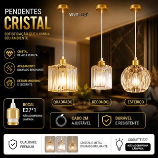 Luminária de Teto Lustre Pendente Cristal Dourado Redondo Quadrado Bocal E27 Para Lavabo Cabeceira
