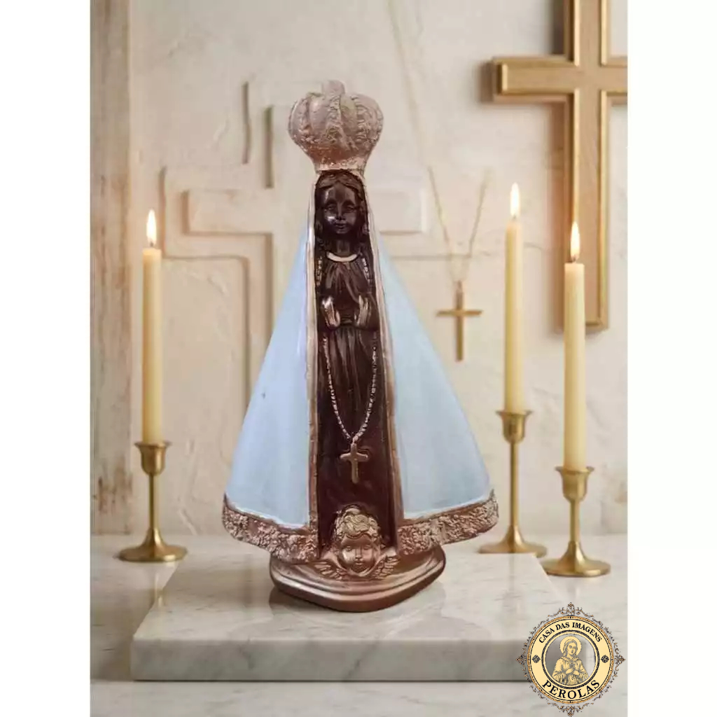 imagem nossa senhora aparecida 21 cm gesso pintura branco dourado bronze para personalizar decoupage perola renda
