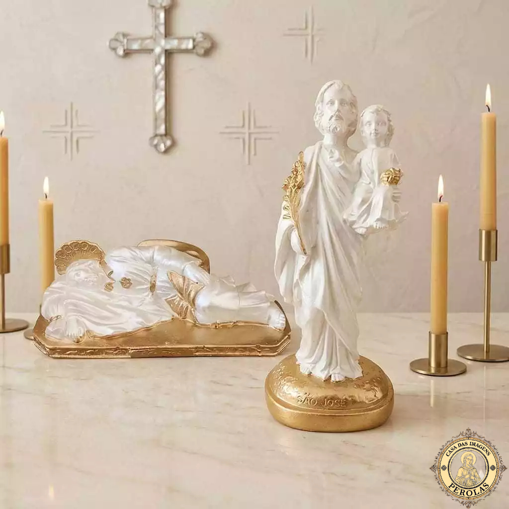 kit 2 imagens são jose 21cm e são jose dormindo 15 cm gesso perola e dourado protetor da familias pai arte sacra fé