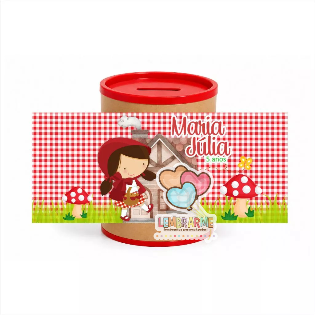 Kit Rótulo Cofrinho Personalizado Chapeuzinho Vermelho para Lembrancinha de Aniversário