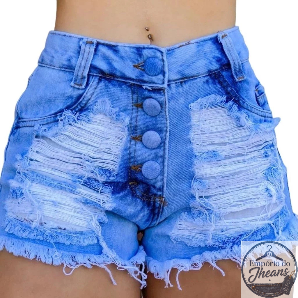 Short Jeans Feminino Soft Cós Alto Destroyed Barra Desfiada, Empório do Jheans